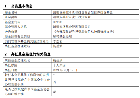 官宣！浦银安盛基金经理杨岳斌离任